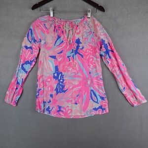 Lilly Pulitzer Willa Tunic Blouse Top Floral Pink Cove Long Sleeve Size XS